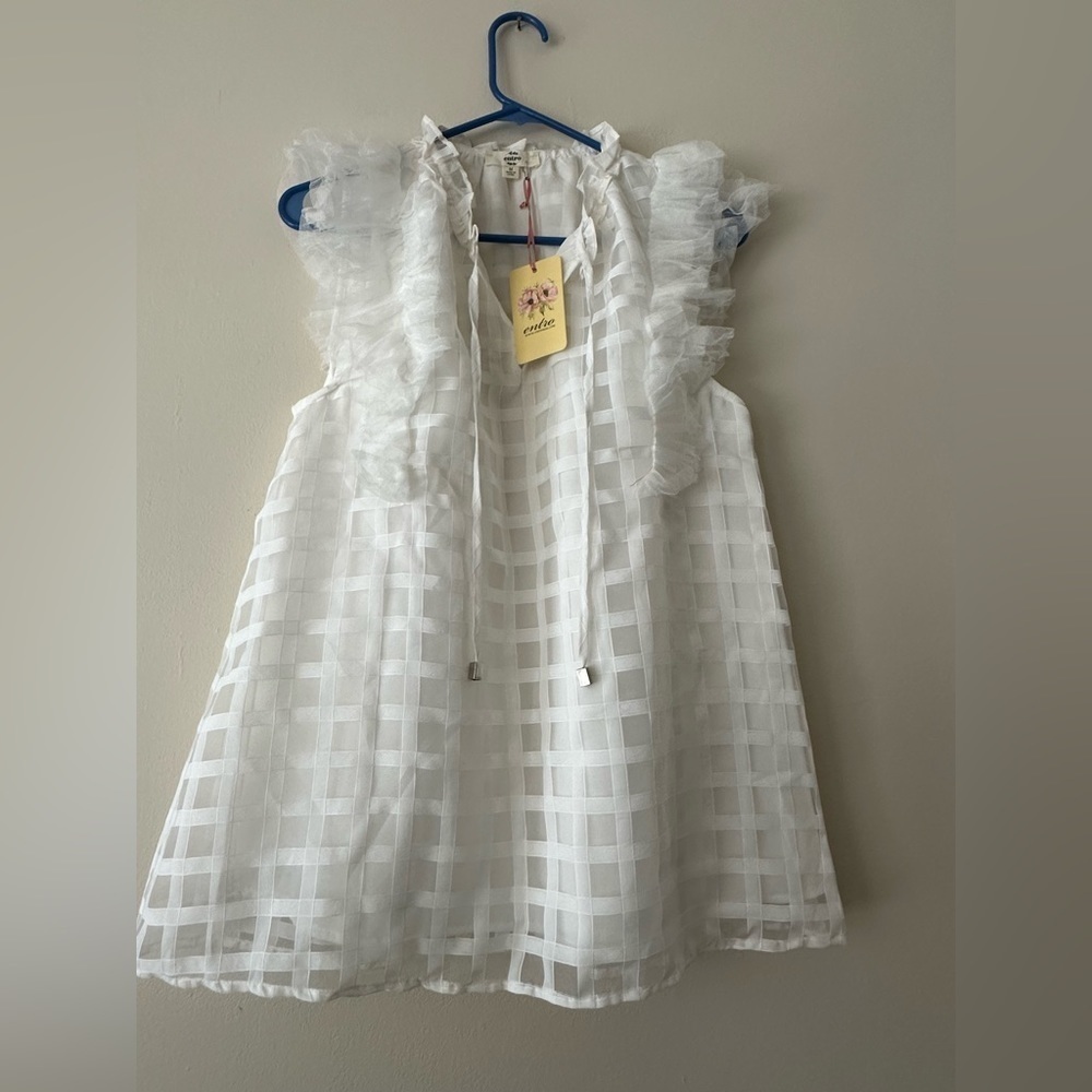 Entro White Gingham Check Blouse Ruffle Cap Sleeve Lined V-Neck Size Medium NWT - Picture 2 of 14